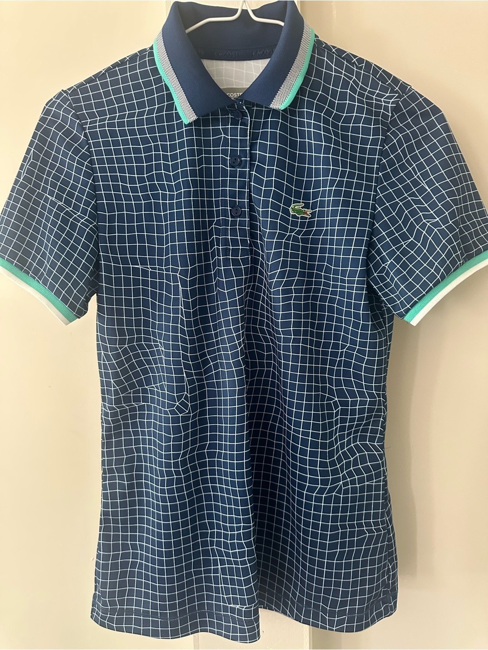 LACOSTE  SPORT NAVY PATTERNED GOLF POLO  TENNIS PREPPY WOMENS SZ 36